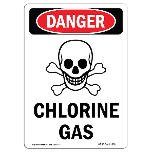 Safety Sign, OSHA Danger, 5" Height, Chlorine Gas, Portrait, 10PK